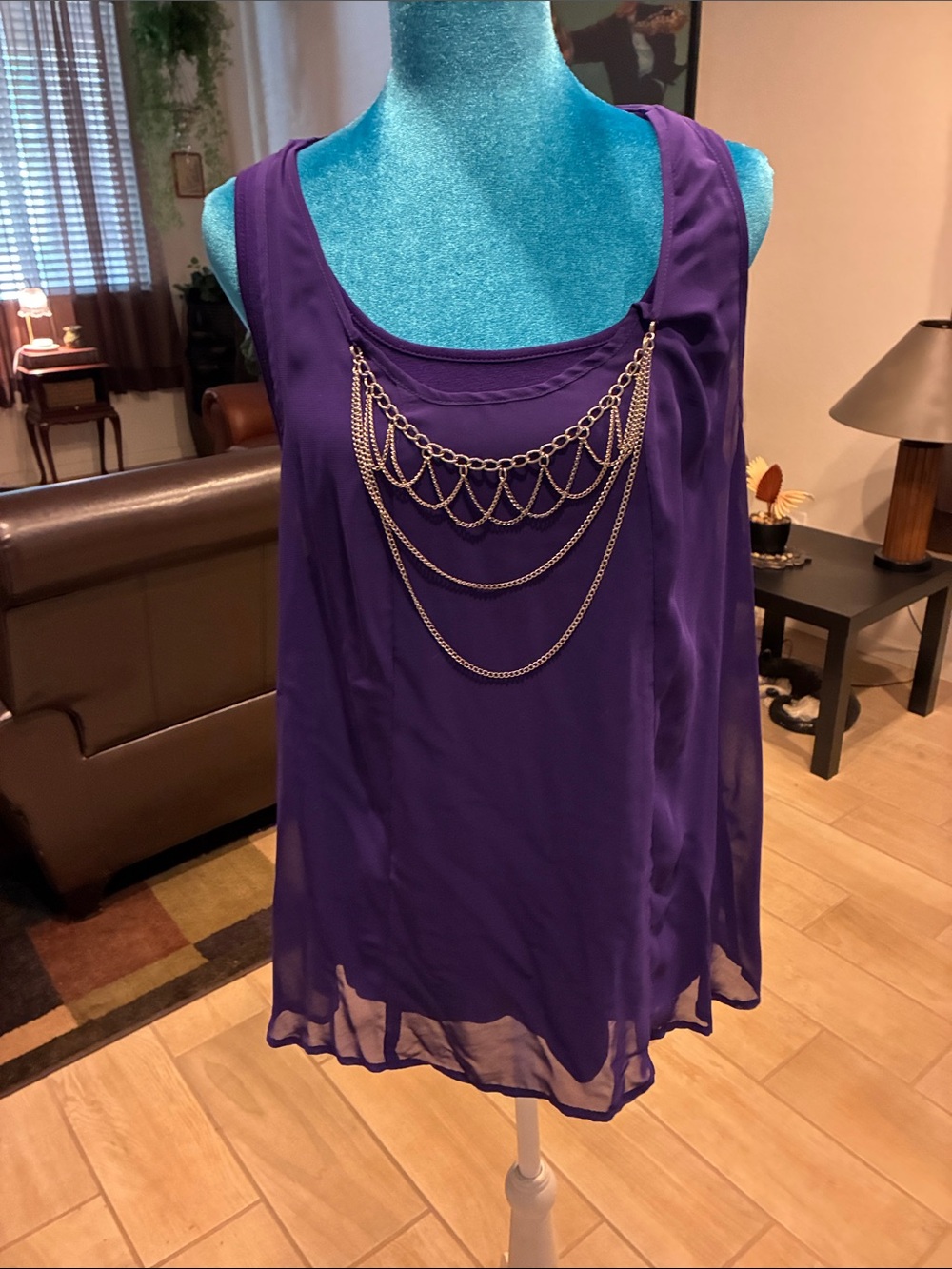 AGB Purple Sleeveless Chiffon Tank with Gold Chain Detail - The back is amazing!